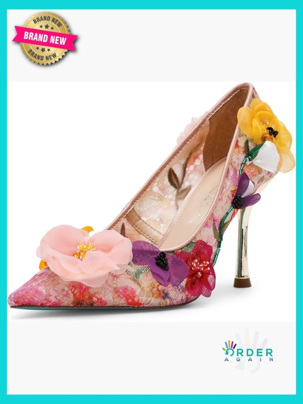 Pointed Toe Floral Applique Stiletto Pumps Slip On Evening Heels
